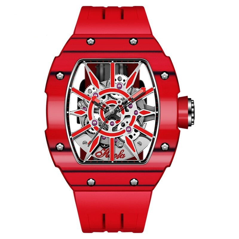 Red Haofa 1905 Carbon Fibre Bezel Skeleton Automatic Mechanical Watch from fiveto.co.uk