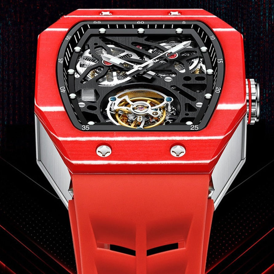 Red close up of Aesop Square Mechanical Skeleton style Flying Tourbillon with Carbon Fibre Bezel