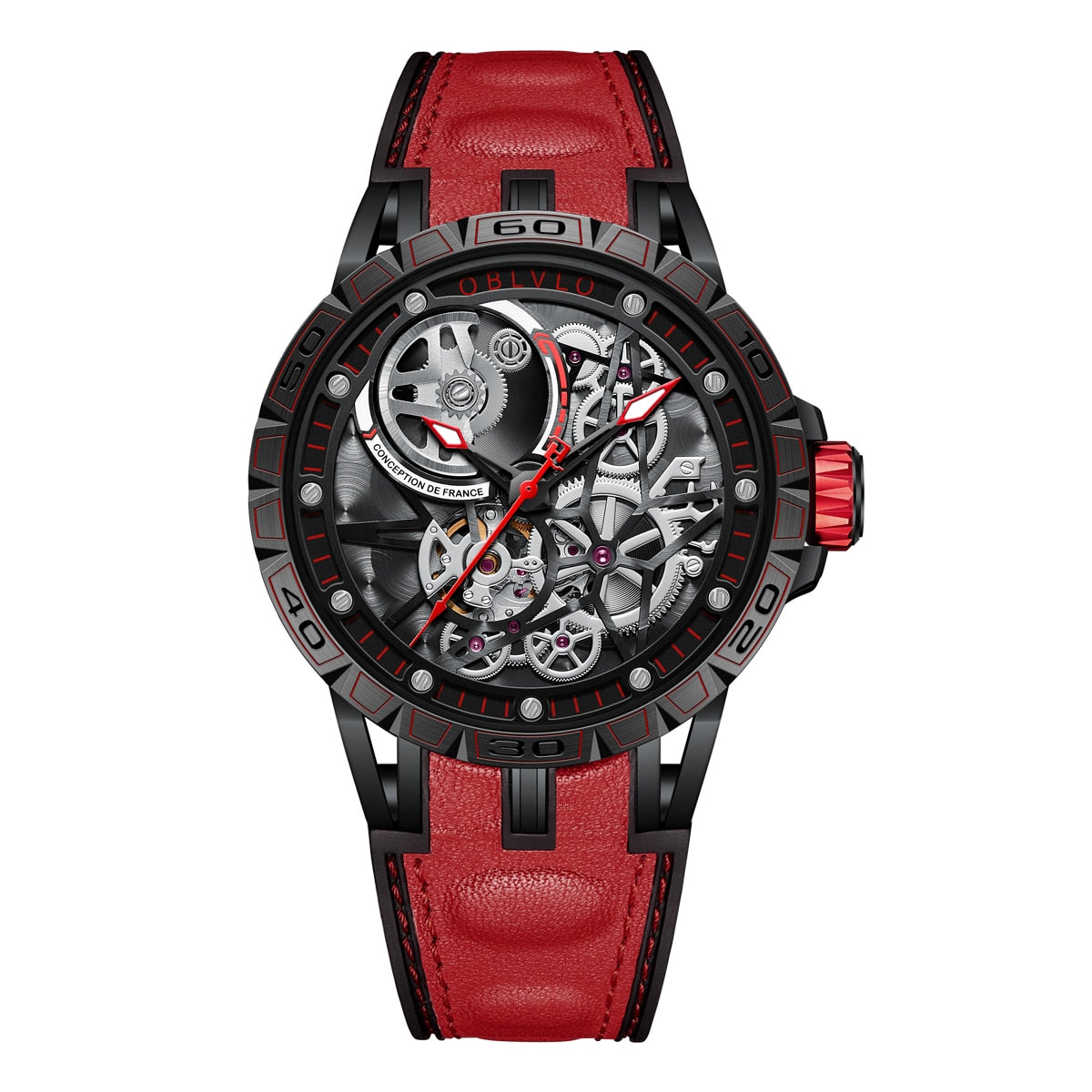 Red/Black Oblvlo LM Skeleton Sport, Automatic Self-Wind Mechanical Watch from fiveto.co.uk