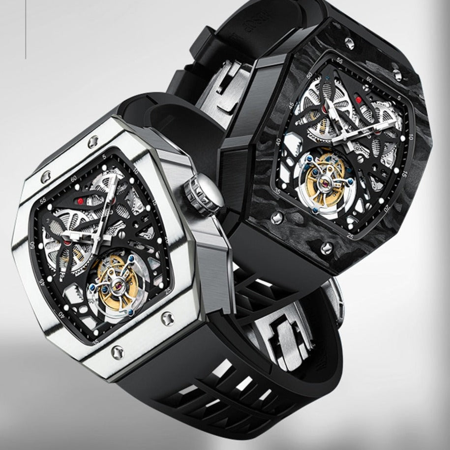 Black and Silver Aesop Square Mechanical Skeleton style Flying Tourbillon with Carbon Fibre Bezel
