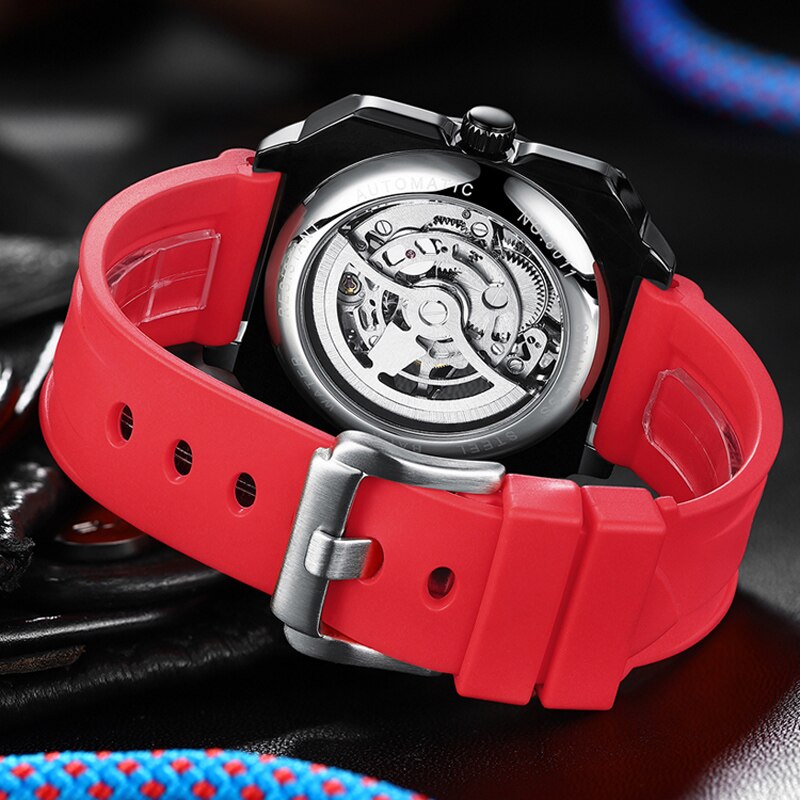 Ailang Square Dial Skeleton Mechanical Automatic Watch with Silicone Strap.
