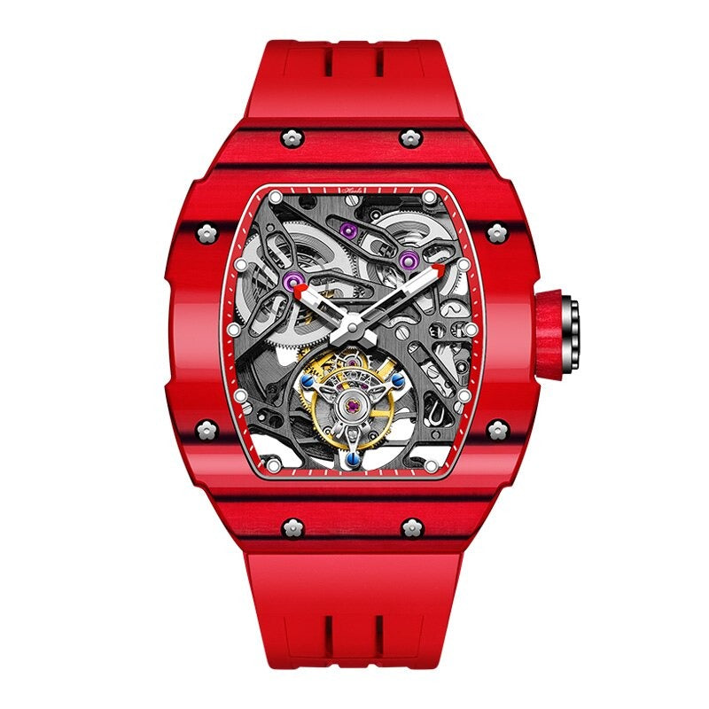 Red Haofa 1901 Skeleton Tourbillon Mechanical Movement with Carbon Fibre and Titanium Case from fiveto.co.uk