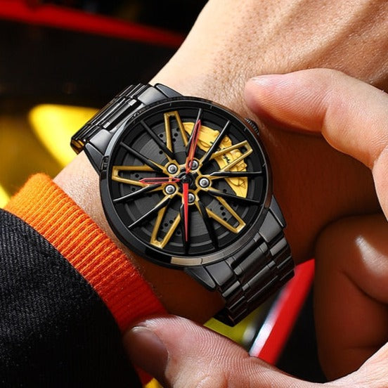 Yellow/Steel on wrist Nektom Lamborghini Style Alloy Wheel Rim Quartz Watch from fiveto.co.uk
