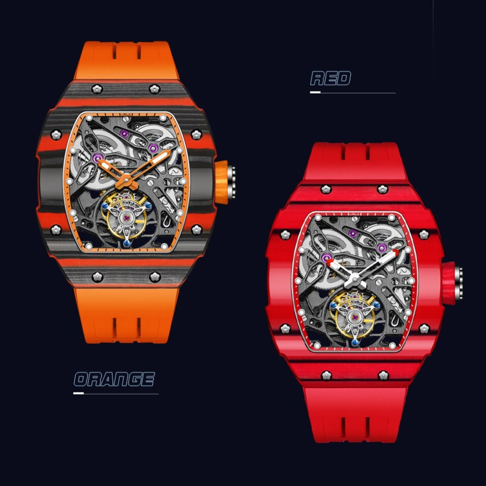 orange and red versions of Haofa 1901 Skeleton Tourbillon Mechanical Movement with Carbon Fibre and Titanium Case from fiveto.co.uk