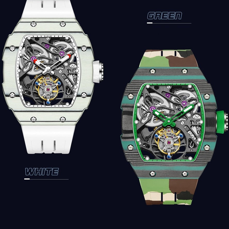 white and green versions of Haofa 1901 Skeleton Tourbillon Mechanical Movement with Carbon Fibre and Titanium Case from fiveto.co.uk