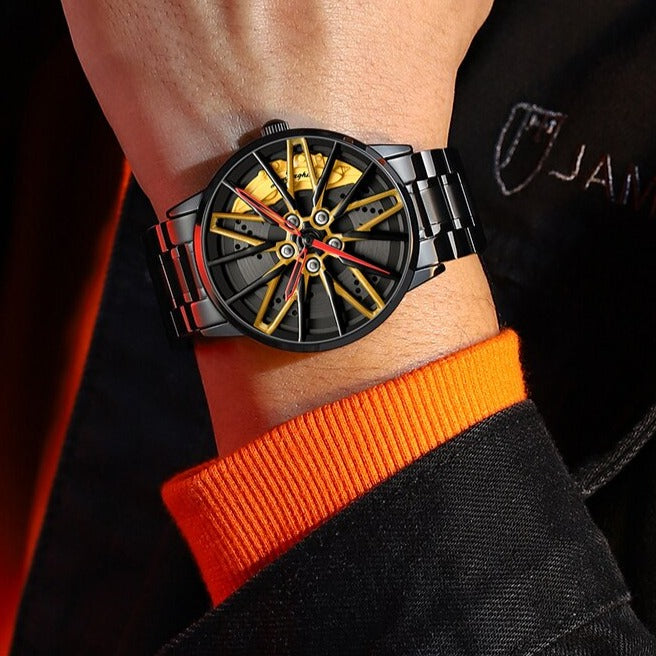 Yellow on wrist Nektom Lamborghini Style Alloy Wheel Rim Quartz Watch from fiveto.co.uk