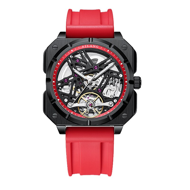 Red Ailang Square Dial Mechanical Automatic Watch with Silicone Strap from fiveto.co.uk