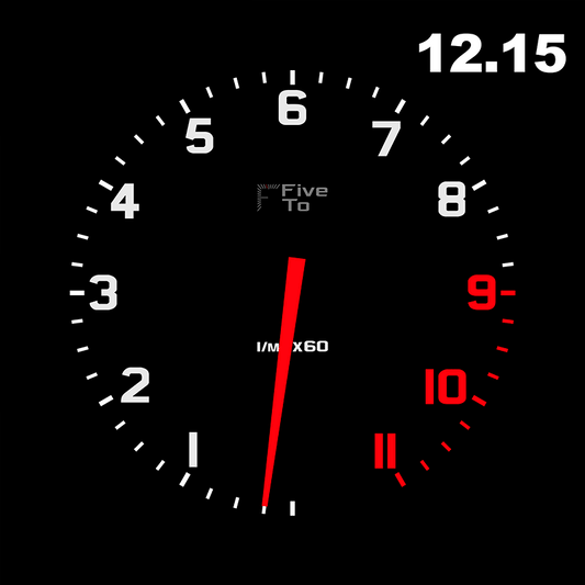 Tacho Clock What is the time guide. Timekeeping redesigned in the style of a sports car rev counter. Only available from www.FiveTo.co.uk