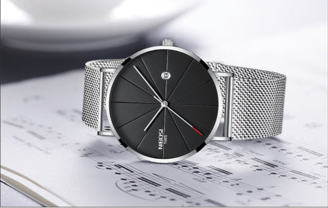 Black/Silver Nibosi New Ultra-Thin Quartz Stainless Steel Watch from fiveto.co.uk