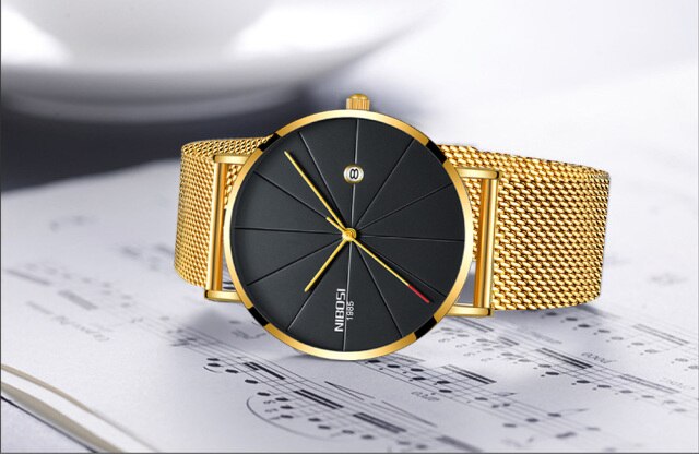Gold/Black Nibosi New Ultra-Thin Quartz Stainless Steel Watch from fiveto.co.uk