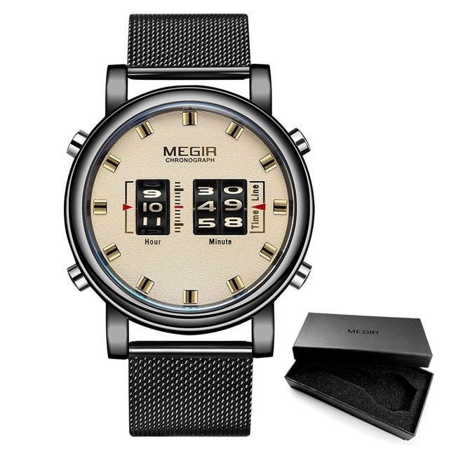 Mesh Megir No.2137 Numerical Roller Pointer Alloy Quartz Watch, from FiveTo.co.uk