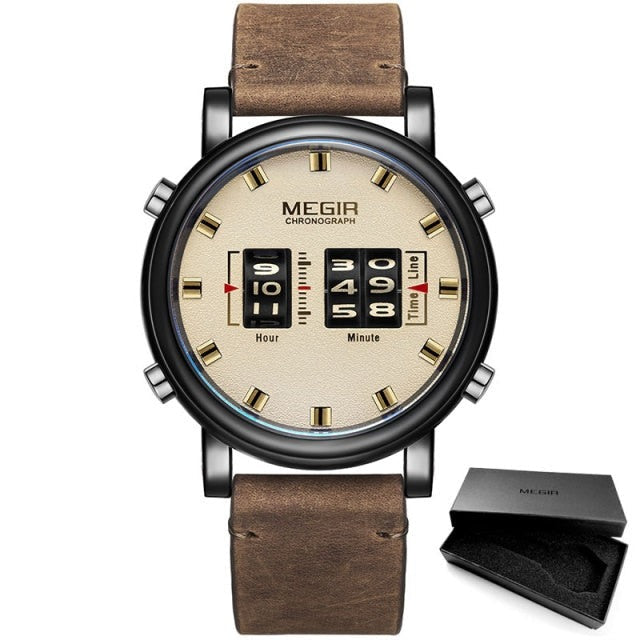 Brown/Black Megir No.2137 Numerical Roller Pointer Alloy Quartz Watch, from FiveTo.co.uk
