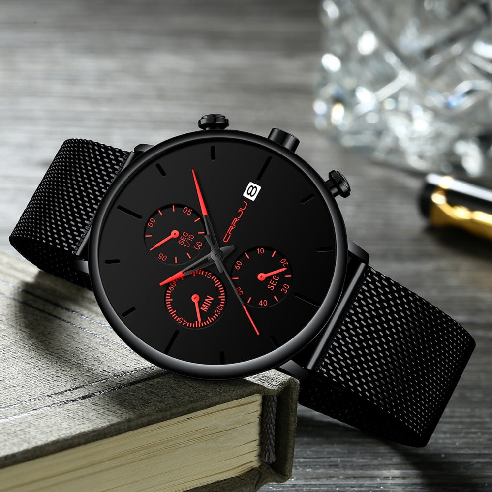 Red/Black Crrju Model 2268 Minimalist Quartz Watch Slim Steel Mesh Strap from fiveto.co.uk
