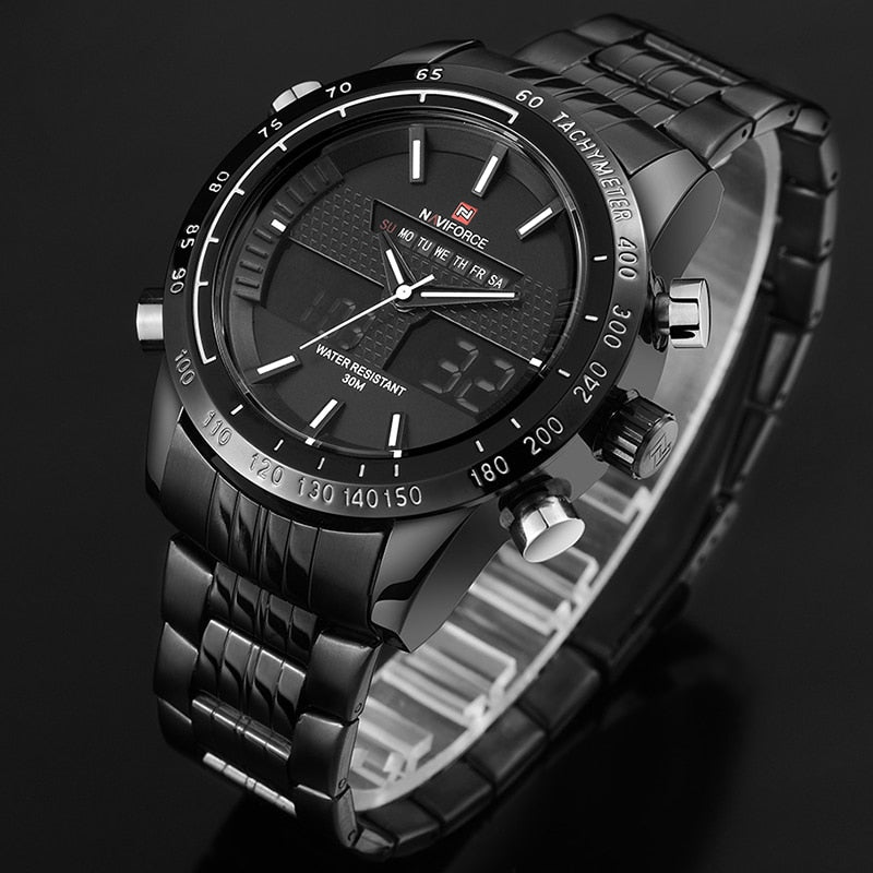 Black Naviforce 9024 Sport Stainless Steel Digital Analogue Quartz Watch from fiveto.co.uk