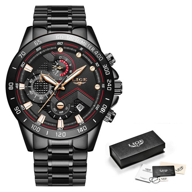 Black/Black Lige Model 9982 Stainless Steel Quartz Watch available from www.fiveto.co.uk