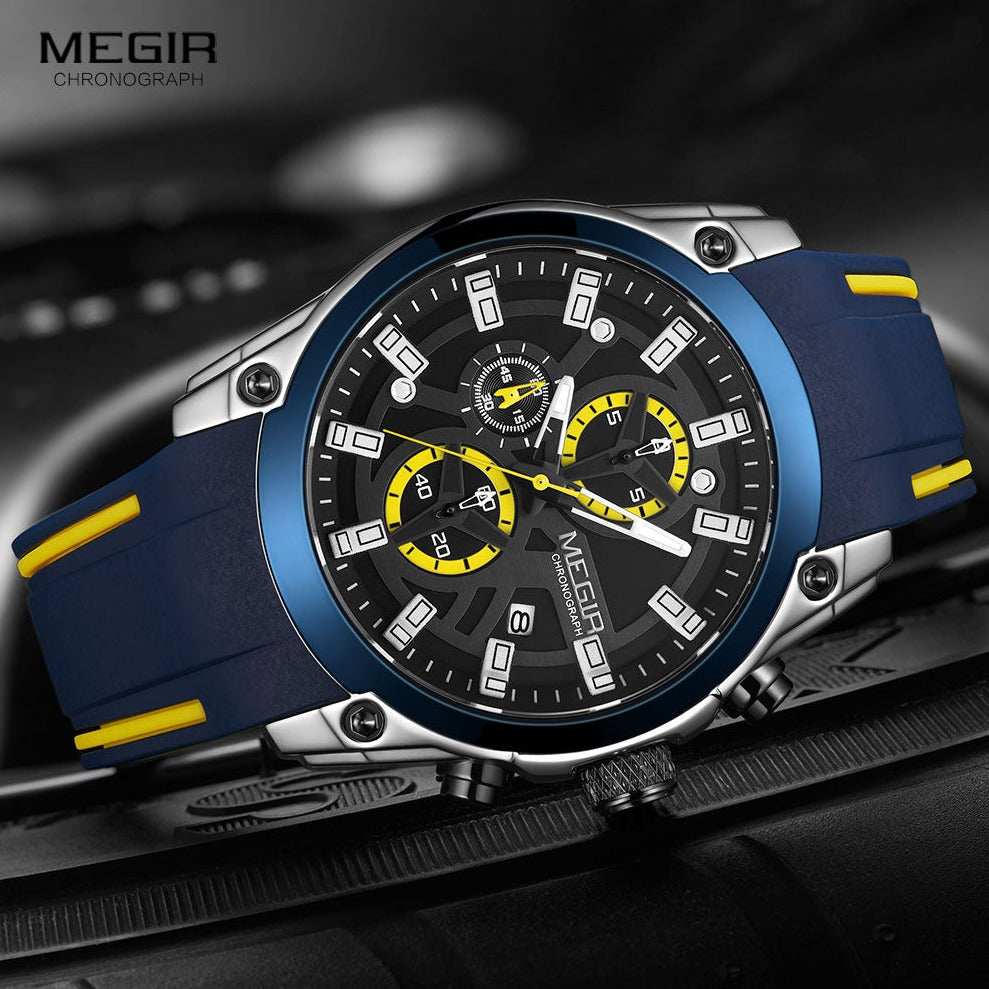 Close Up Blue Megir No.2144 GS Sport Waterproof Quartz Chronograph Watch, from fiveto.co.uk