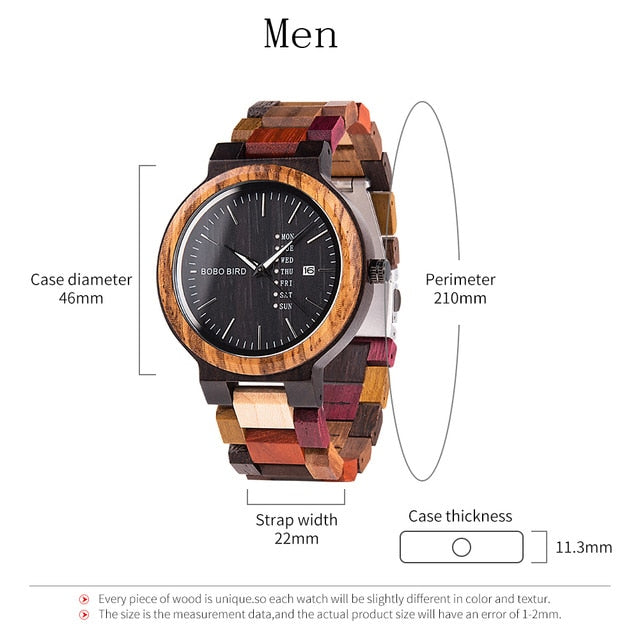 Mens Dimensions Bobo Bird GP014-1 Wood Quartz Watch Date Display and Wooden Strap available fromFiveTo.co.uk