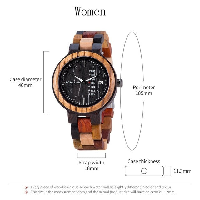 Womens Dimensions Bobo Bird GP014-1 Wood Quartz Watch Date Display and Wooden Strap available fromFiveTo.co.uk