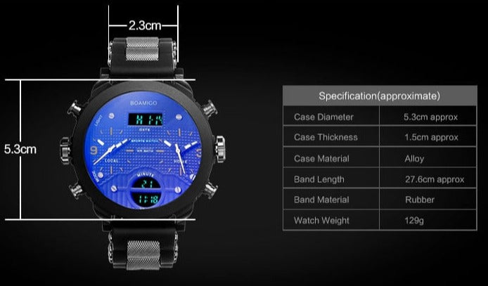 Dimensions Boamigo F905 3 Time Zone Quartz Watch available from FiveTo.co.uk