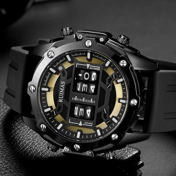 Close up of black Ruimas RN553 Roller Style Quartz Watch.