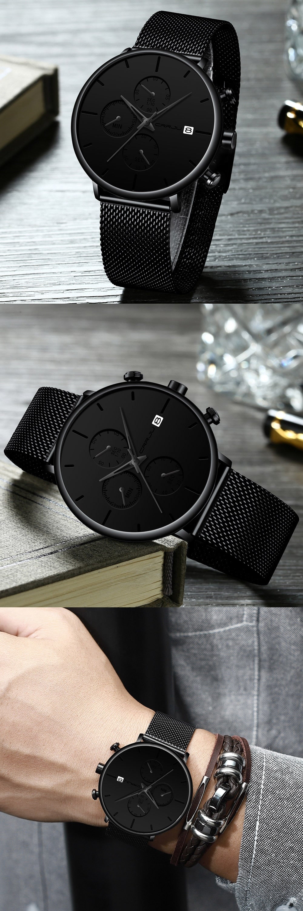 3 Black Crrju Model 2268 Minimalist Quartz Watch Slim Steel Mesh Strap from fiveto.co.uk