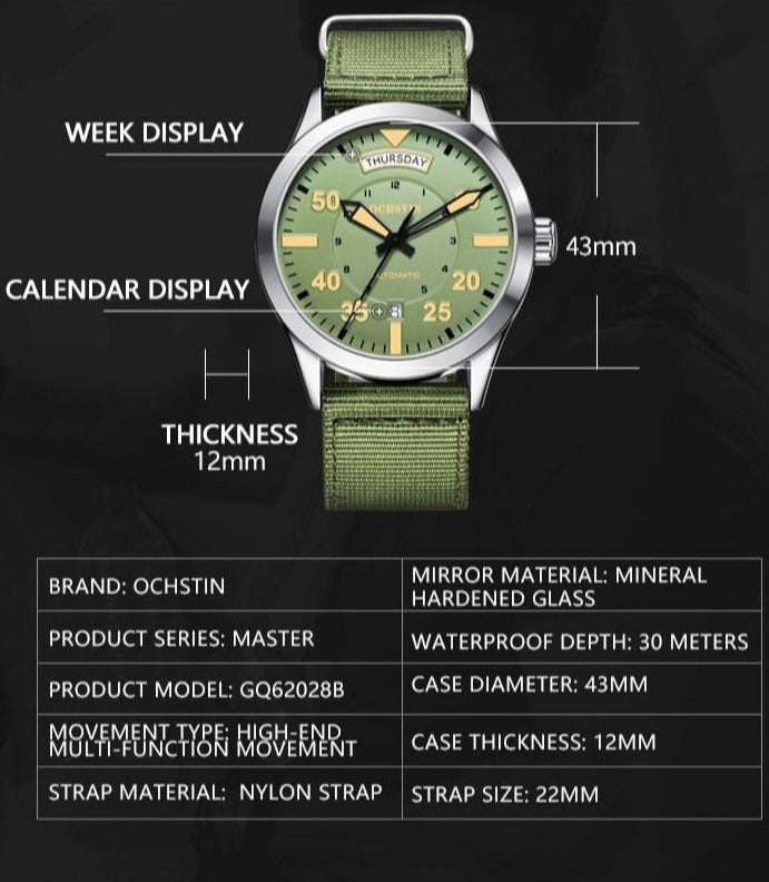 Dimension Ochstin 2028B Pilot Style Automatic Mechanical Watch available from FiveTo.co.uk