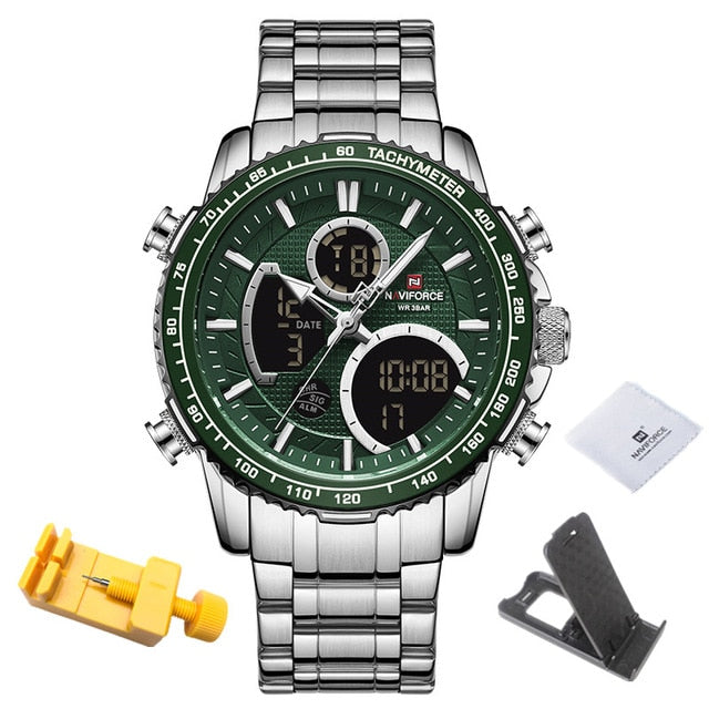 Silver/Green Naviforce 9182 Sport Chronograph Analogue Digital Display watch from fiveto.co.uk