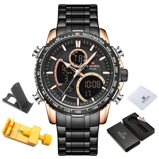 Black/Gold Naviforce 9182 Sport Chronograph Analogue Digital Display watch from fiveto.co.uk