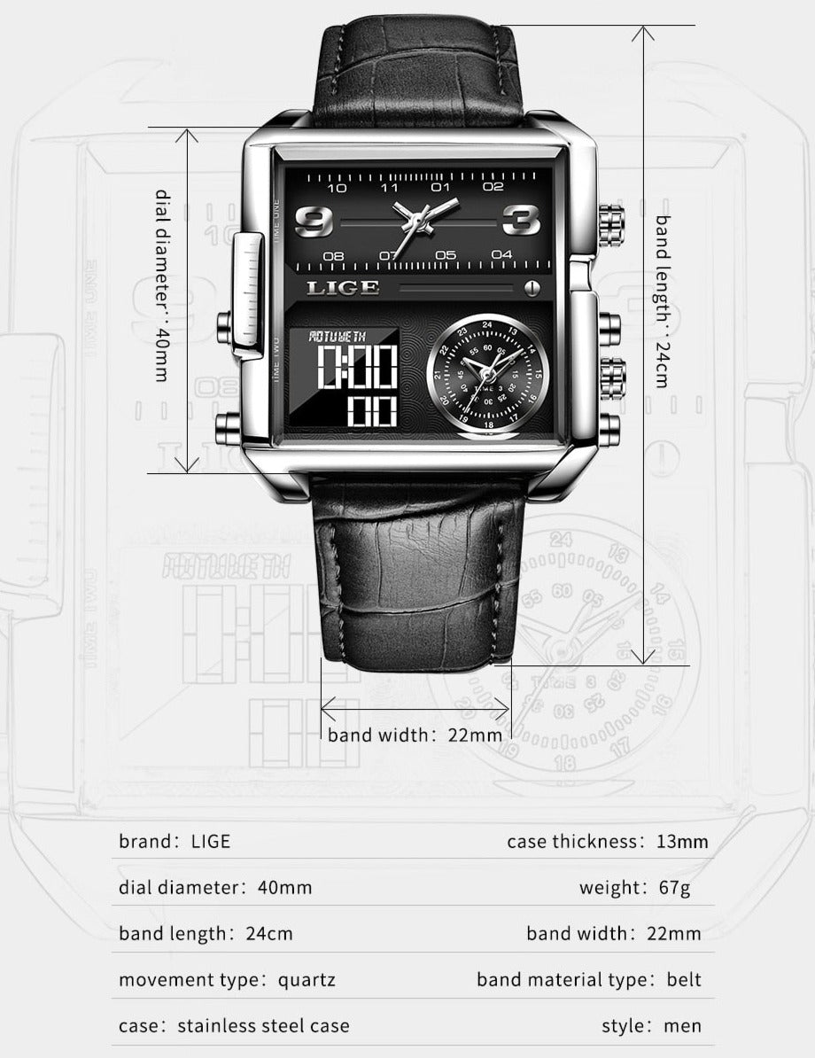 Specs For Lige Square Quartz Analogue and Digital  Watch available from FiveTo.co.uk