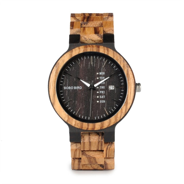 Bobo Bird GP014-1 Wood Quartz Watch Date Display and Wooden Strap available fromFiveTo.co.uk