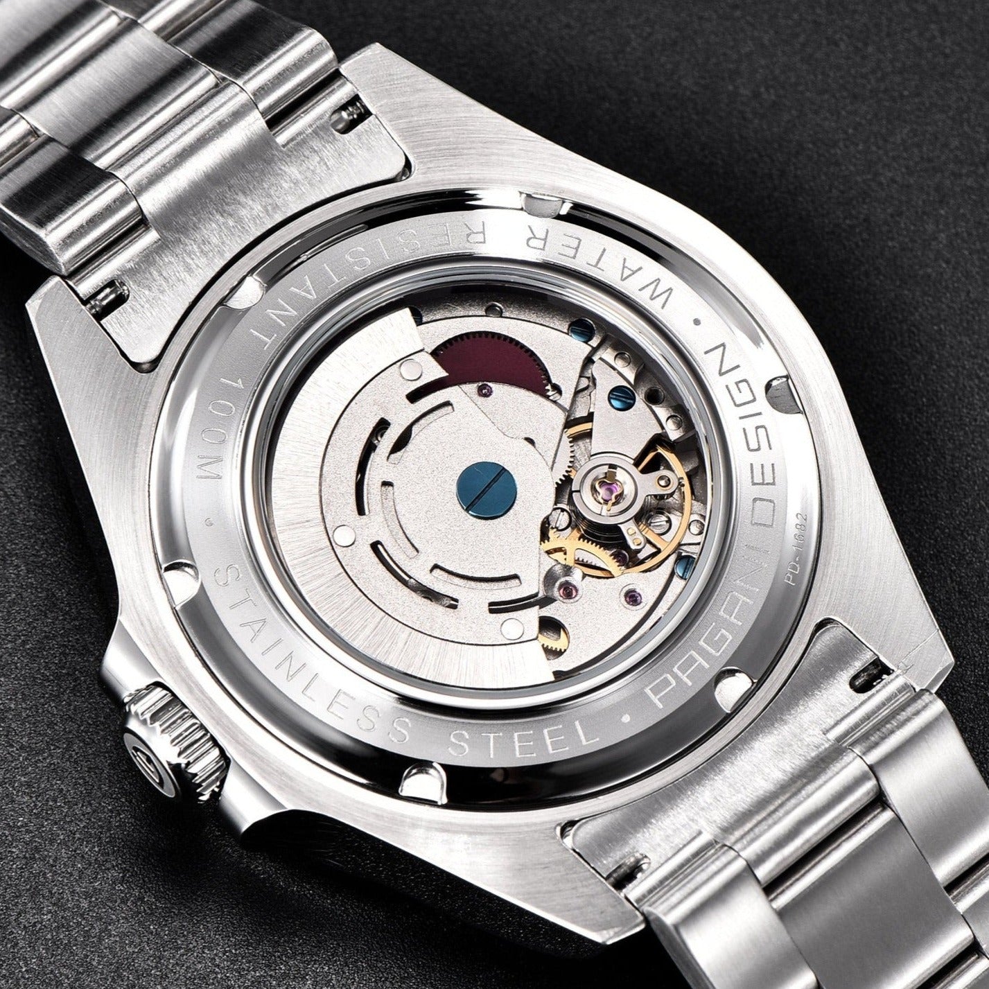 Rear View of Pagani Design Model 1682 Stainless Steel Automatic Waterproof Mechanical 42m Watch available from FiveTo.co.uk
