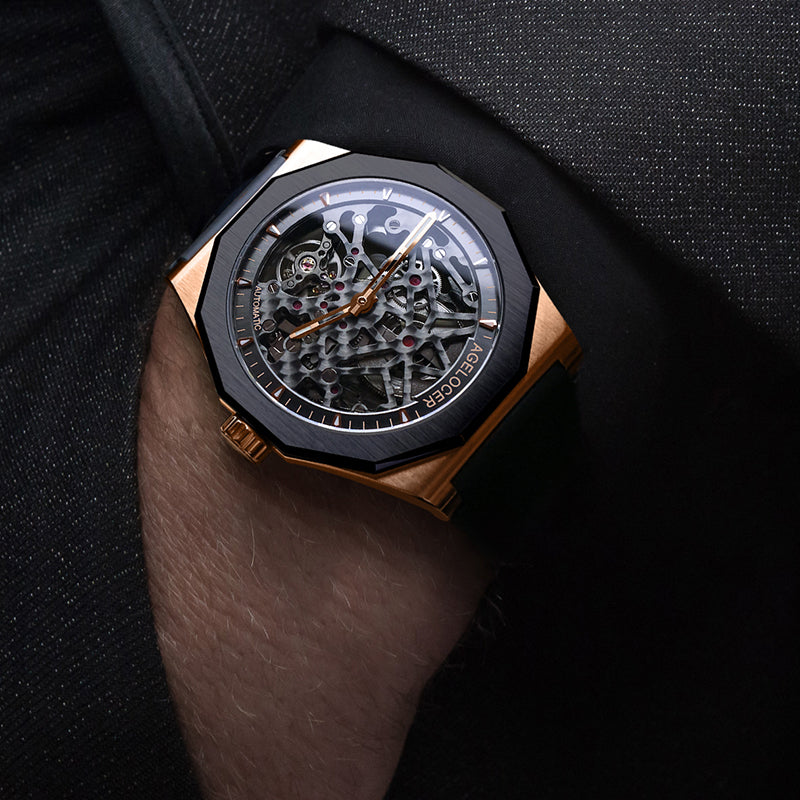 Agelocer Model 6001 Gold and Black Skeleton Mechanical watch from FiveTo.co.uk