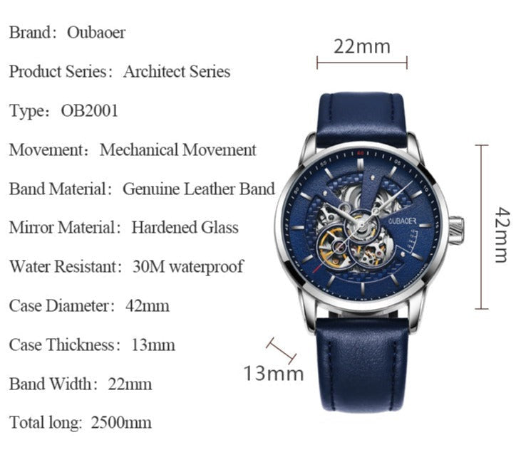 Dimensions for Oubaoer Skeleton Automatic Mechanical Watch with Leather Strap available from FiveTo.co.uk