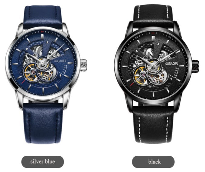  Colours Oubaoer Skeleton Automatic Mechanical Watch with Leather Strap available from FiveTo.co.uk