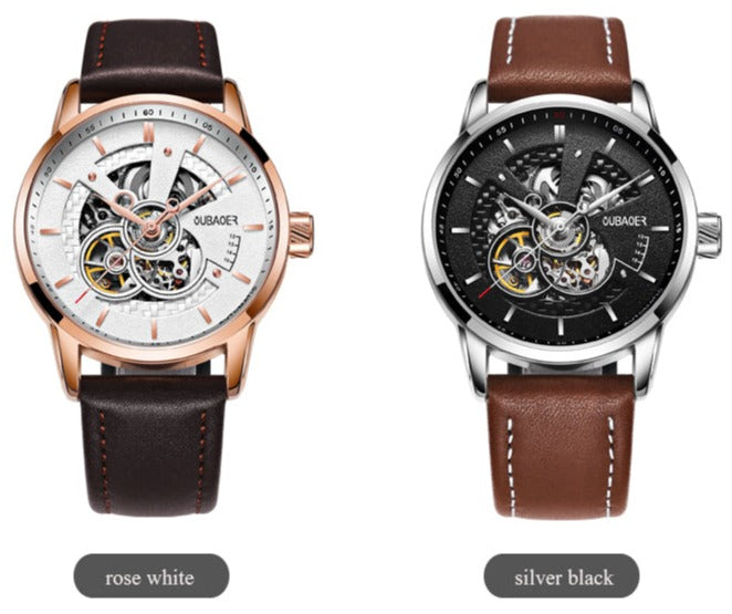 Colours Oubaoer Skeleton Automatic Mechanical Watch with Leather Strap available from FiveTo.co.uk