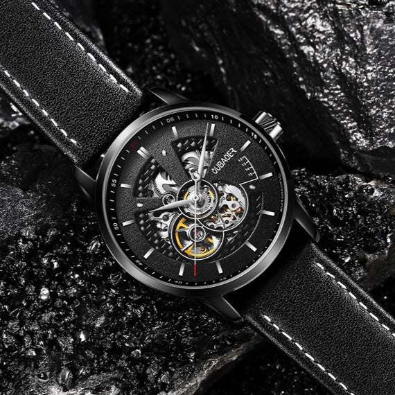 Black Oubaoer Skeleton Automatic Mechanical Watch with Leather Strap available from FiveTo.co.uk