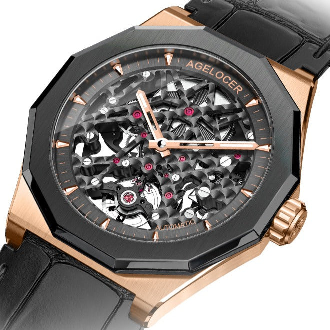 Agelocer Model 6001 Skeleton Mechanical Watch in Black and Gold from FiveTo.co.uk