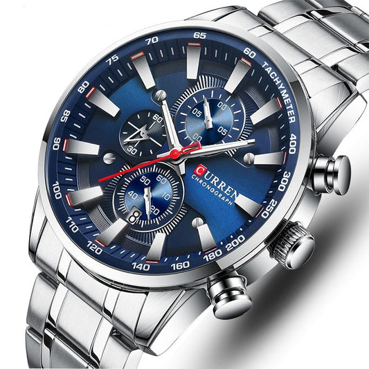 Blue/Silver Curren Model 8351 Quartz Sport Chronograph Stainless Steel Watch available from FiveTo.co.uk