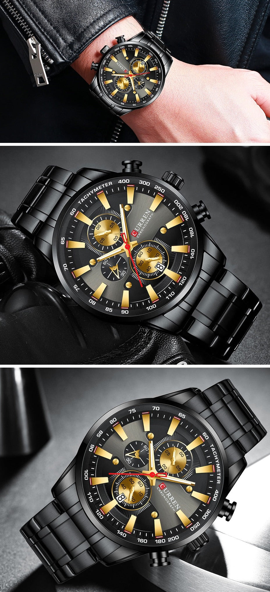 Black/Gold Curren Model 8351 Quartz Sport Chronograph Stainless Steel Watch available from FiveTo.co.uk