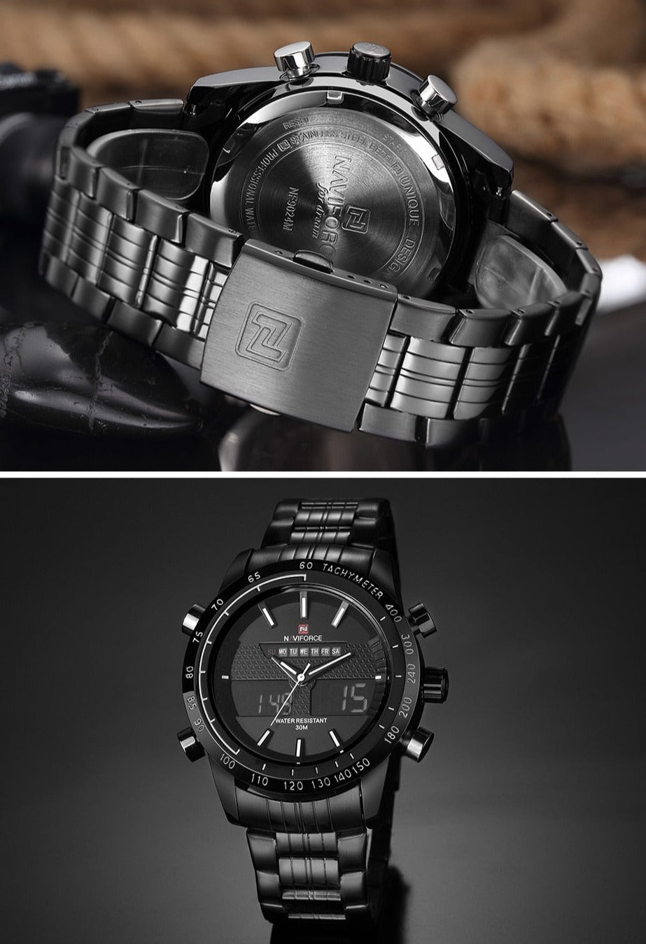 front/Back Naviforce 9024 Sport Stainless Steel Digital Analogue Quartz Watch from fiveto.co.uk