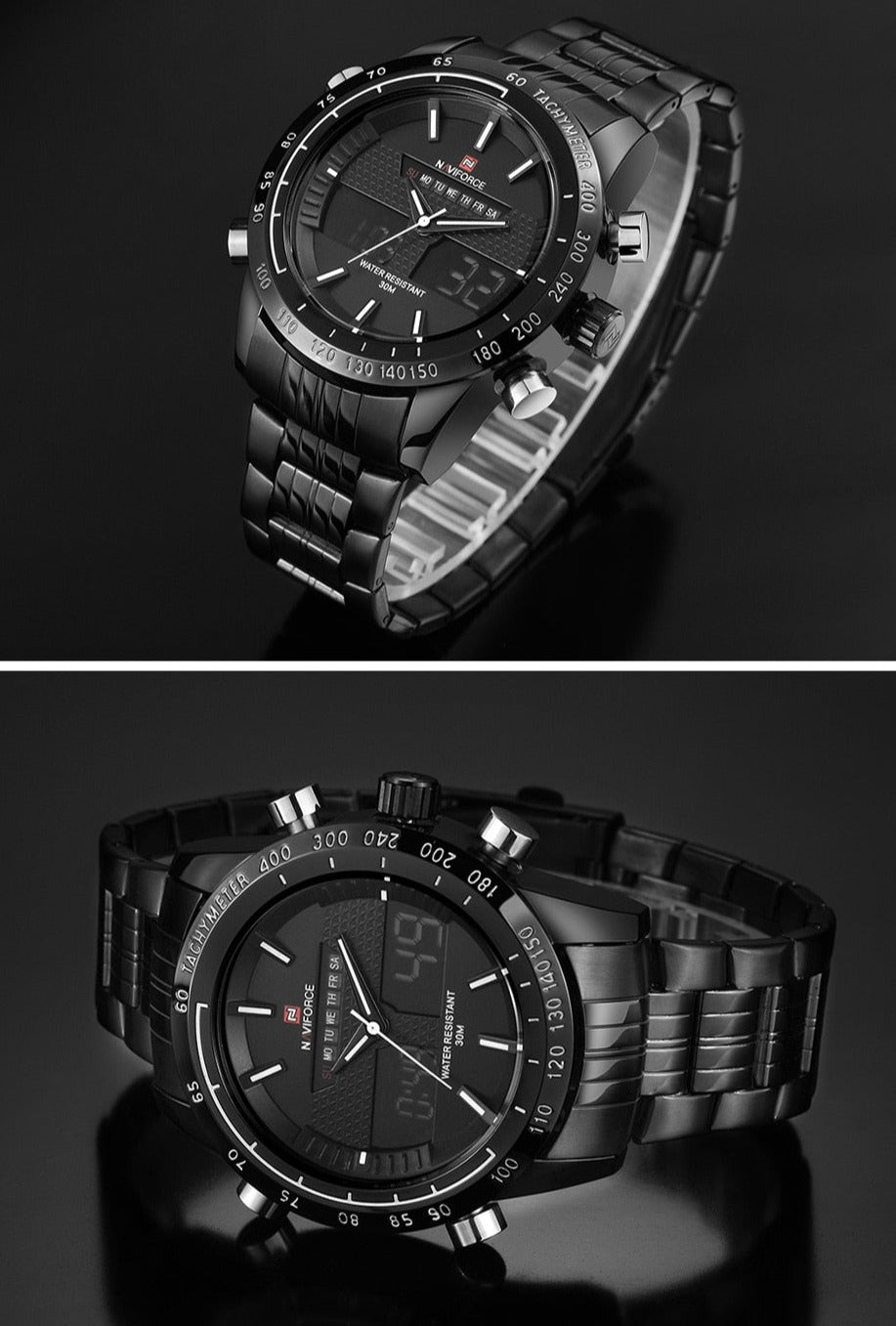 2x Black Naviforce 9024 Sport Stainless Steel Digital Analogue Quartz Watch from fiveto.co.uk