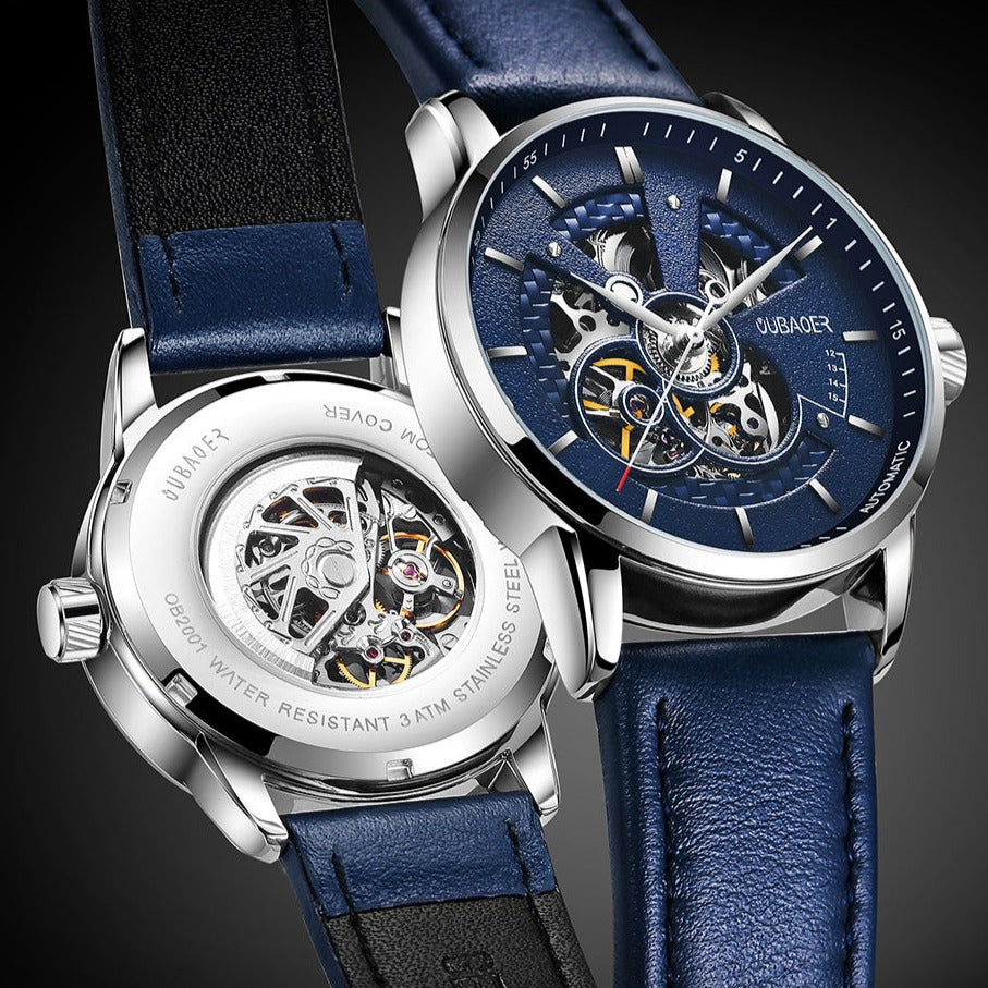 Oubaoer Skeleton Automatic Mechanical Watch with Leather Strap available from FiveTo.co.uk
