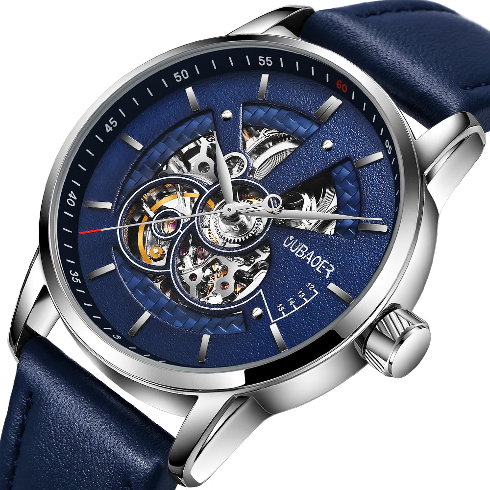 Blue Oubaoer Skeleton Automatic Mechanical Watch with Leather Strap available from FiveTo.co.uk