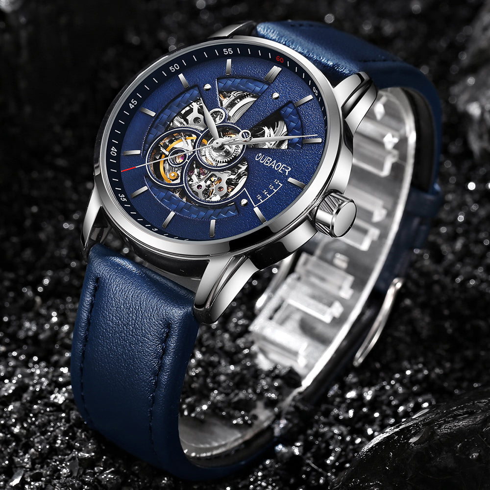 Oubaoer Skeleton Automatic Mechanical Watch with Leather Strap available from FiveTo.co.uk