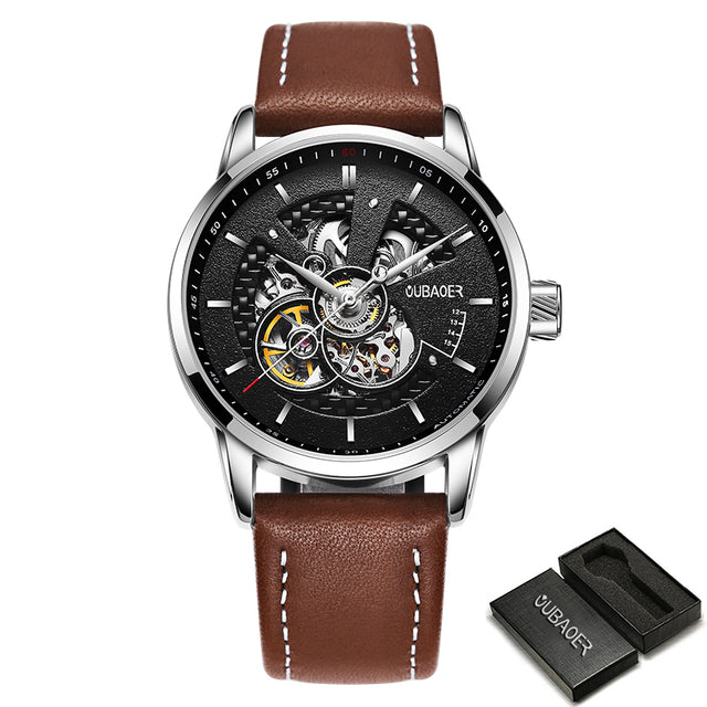 Black and Brown Oubaoer Skeleton Automatic Mechanical Watch with Leather Strap available from FiveTo.co.uk