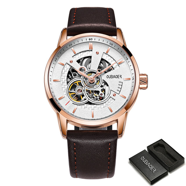 White/Rose Oubaoer Skeleton Automatic Mechanical Watch with Leather Strap available from FiveTo.co.uk