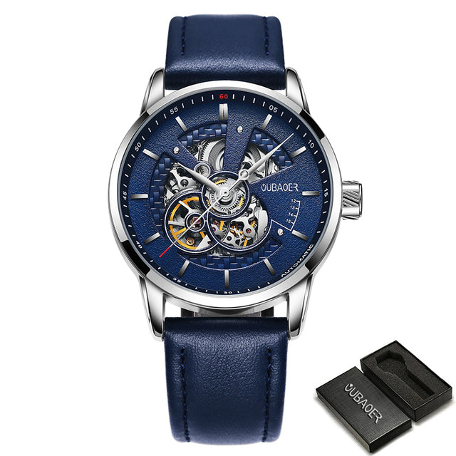Blue Oubaoer Skeleton Automatic Mechanical Watch with Leather Strap available from FiveTo.co.uk