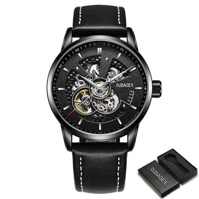 Black Oubaoer Skeleton Automatic Mechanical Watch with Leather Strap available from FiveTo.co.uk