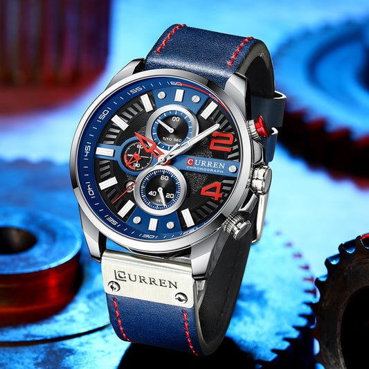 Blue Curren Model 8393 Chronograph Alloy Case watch with Leather Strap available from FiveTo.co.uk