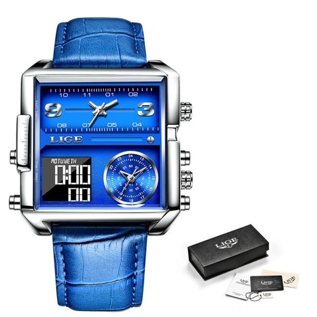 Blue Lige Square Quartz Analogue and Digital  Watch available from FiveTo.co.uk